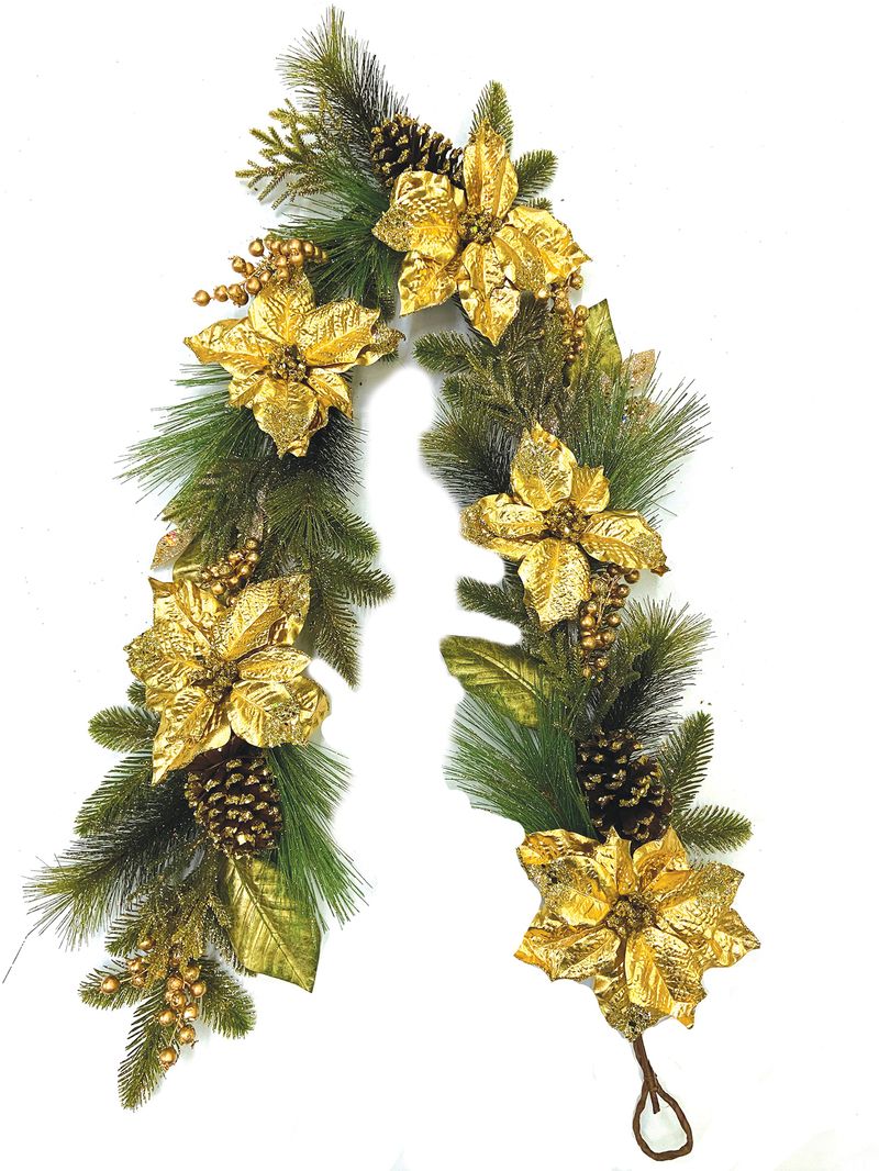 Guirlanda Decorada com 5 Poinsétias Ouro 180cm